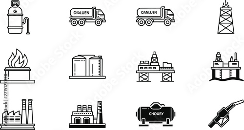 Set of black and white icons representing oil and gas industry processes and infrastructure equipment elements