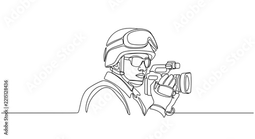 Military recording video with handheld camera in outline art