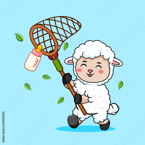Cute Sheep Catching Baby Bottle Milk with Butterfly Net Vector Illustration
