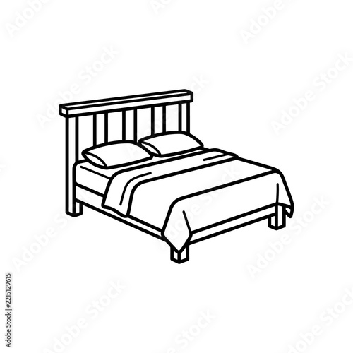 Minimalist Bed Icon with Pillows and Blanket Outline Illustration