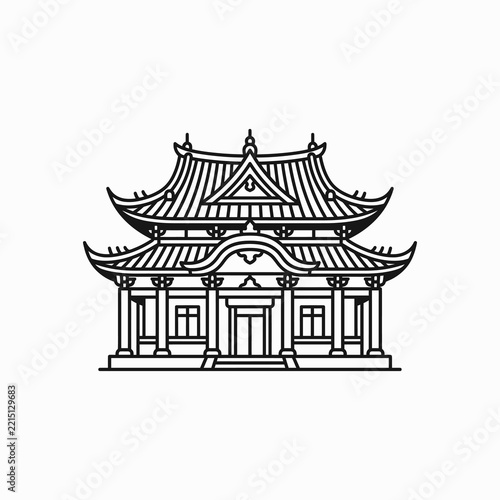 Minimalist Line Art Illustration of a Traditional Japanese Temple or Chinese Pavilion
