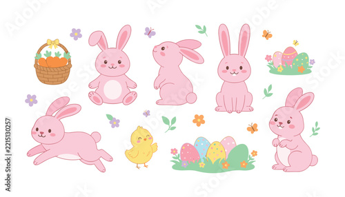 Cute easter pink bunny character vector illustration set. Happy rabbits, decorated easter eggs, little yellow chick, carrot basket, spring flowers, butterflies and festive cartoon element collection.
