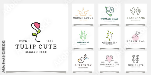 Minimalist Tulip Flower Logo Vector Template Featuring Monoline Tulip Flower Concept with Pink Accent for Florist, Beauty Salon, Cosmetics, Boutique, Spa, and Feminine Brand.
