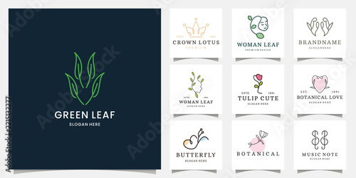 Modern Green Leaf Botanical Logo Vector Template Featuring Monoline Natural Plant Concept for Organic Business, Eco Friendly, Agriculture, and Herbal Product.