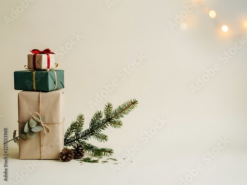 Stacked Holiday Gifts with Greenery