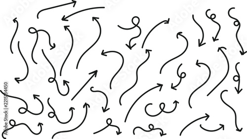 Collection of hand-drawn black ink arrows with various curves and loops