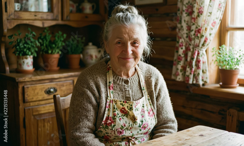 Portrait of a smiling elderly woman in a rustic wooden kitchen.