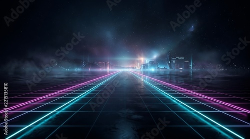Glowing neon grid extending into a futuristic horizon under a starry
