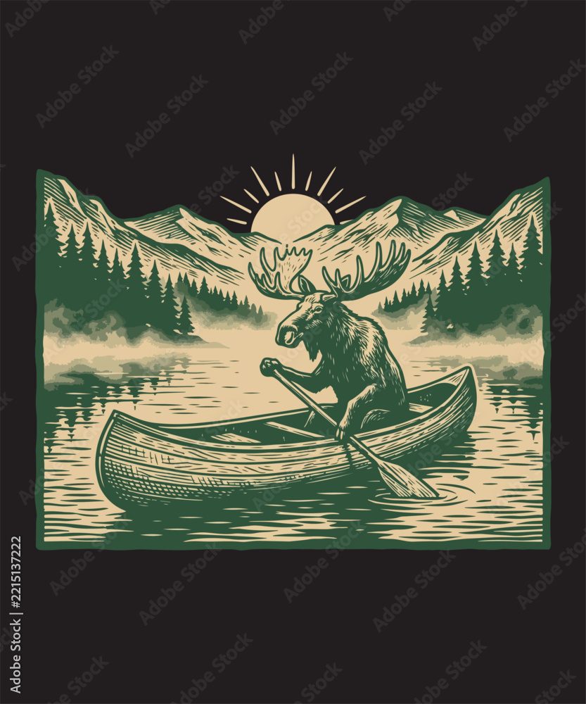 Fototapeta premium Moose paddling a canoe on a mountain lake, vintage green and cream vector illustration for outdoor adventure branding
