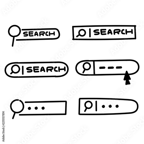 Collection of handdrawn doodle search bar icons. Sketch style user interface elements featuring magnifying glass, cursors, and search text fields. Perfect for creative web design, presentation slides