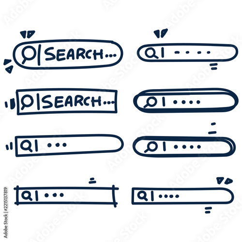 Collection of handdrawn doodle search bar icons. Sketch style user interface elements featuring magnifying glass, cursors, and search text fields. Perfect for creative web design, presentation slides
