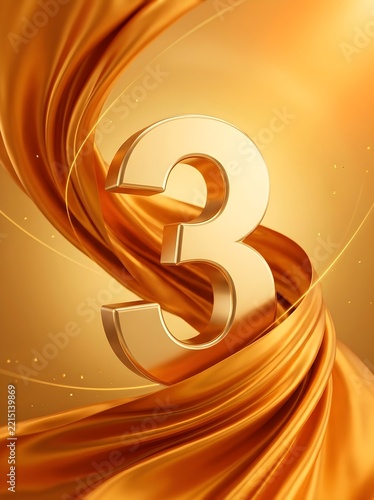 Golden Number Three with Flowing Silk Background in Warm Tones