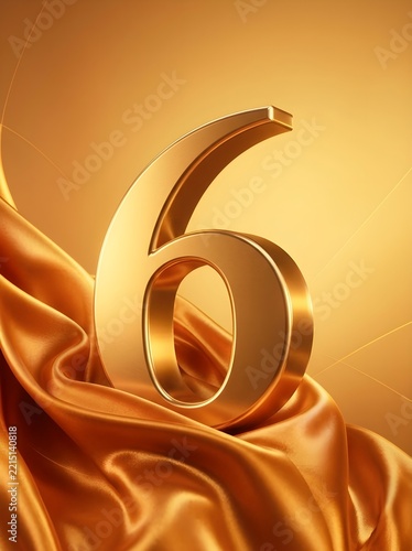 Golden Number Six on Luxurious Satin Fabric Background