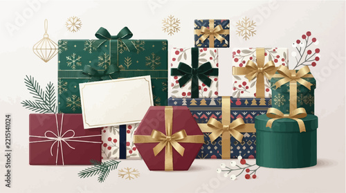 Christmas gift boxes assortment with festive ribbons and bows for