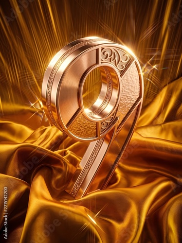 Golden Number Nine on Luxurious Satin Fabric with Radiant Glow
