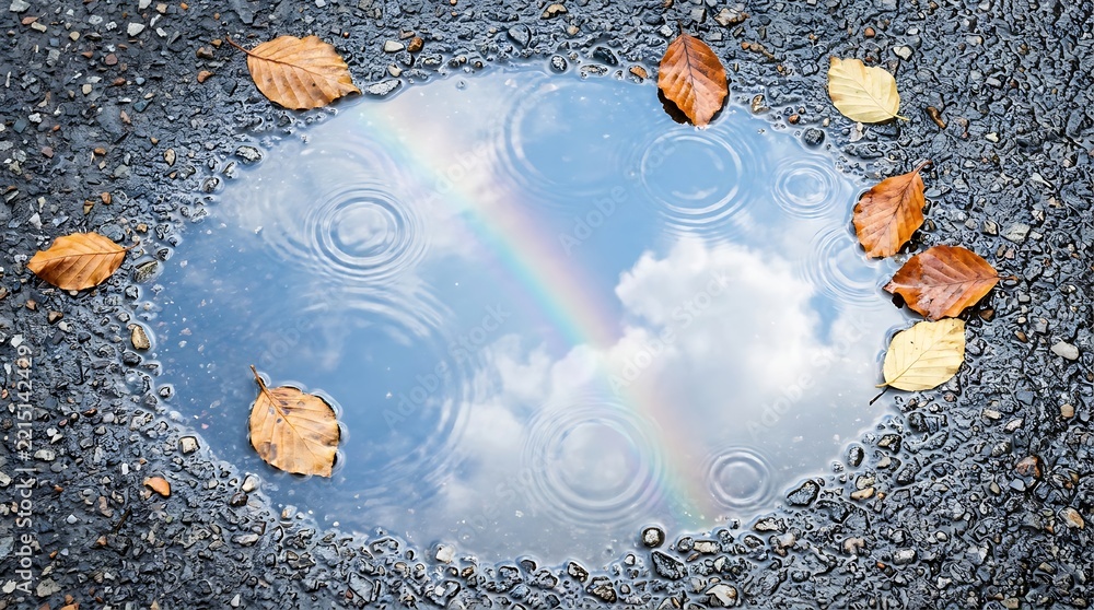 Fototapeta premium Autumn leaves float on a puddle reflecting a rainbow and clouds on a wet asphalt surface.