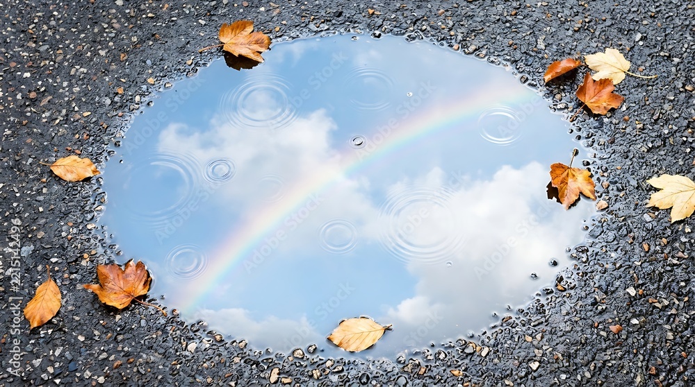 Fototapeta premium Autumn leaves float on puddle reflecting rainbow and clouds on wet asphalt surface after rain.