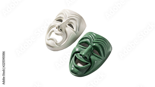 Two dramatic theatrical masks tragedy and comedy theater culture artifact isolated on transparent background
