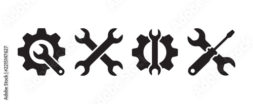 Industrial settings and repair tools icons collection featuring black gears and crossed wrenches set.