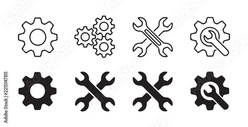 Mechanical engineering and hardware repair tool icons set with outline gears and solid wrenches collection.