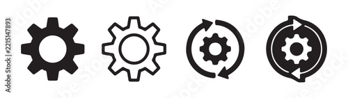 Black and white gear and refresh symbol vector icons for setting adjustment applications.