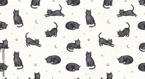 Cute Black Cat Watercolor Seamless Pattern with Whimsical Moon and Paw Motifs