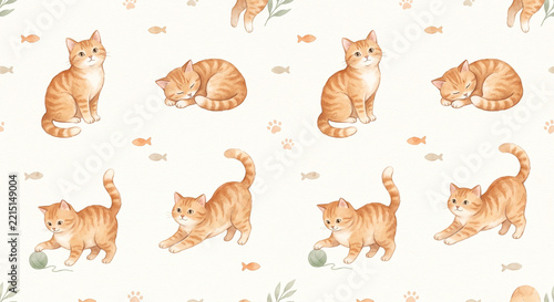 Cute Orange Tabby Cat Watercolor Seamless Pattern with Cozy Pet Motifs