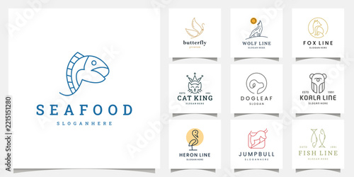 Minimalist Fish Head Line Art Logo Template for Seafood Restaurant, Fishery Market, or Marine Business