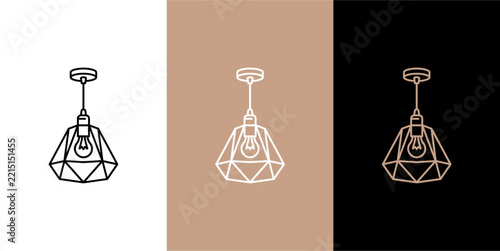 Minimalist Geometric Pendant Light Icon Set, Outline Style Ceiling Lamp Vector Illustrations