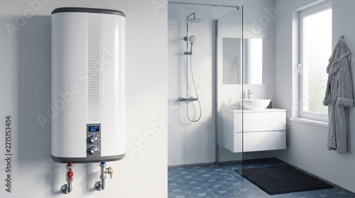 Modern electric water heater boiler installed on a white wall in a contemporary bathroom interior