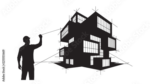 Architect designer inspecting modern building model with blueprint lines for construction planning concept