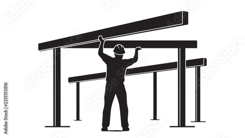 Construction worker installing rooftop beams on modern building frame during structural assembly