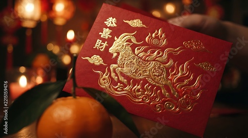 Chinese New Year Red Envelope with Goat Symbol and Mandarin Orange.
