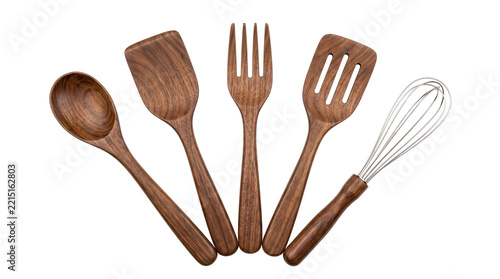 Dark walnut wooden kitchen utensil set, 5 piece eco-friendly cooking tools collection, rustic wood spoon spatula fork and whisk for culinary food prep isolated PNG with Transparent Background