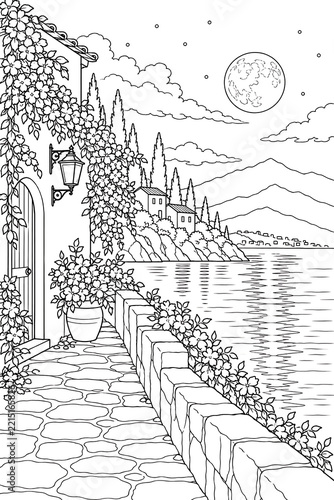 Lakeside Village Landscape Coloring Page