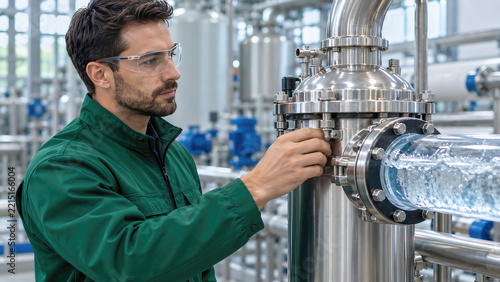 Male Technician Inspecting Process Piping for Industrial Water Filtration