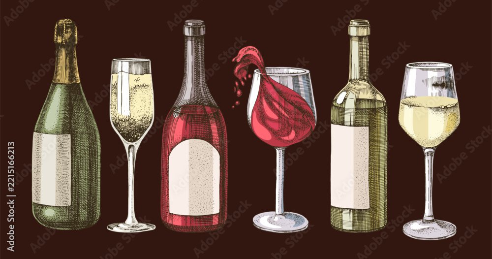 Fototapeta premium Wine bottles and glasses vector sketch