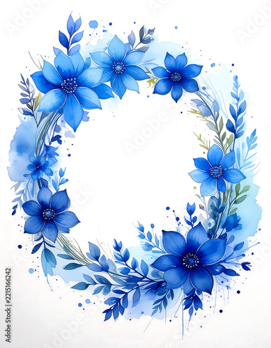 Blue Floral Watercolor Wreath with Botanical Leaves