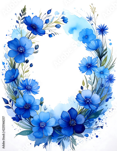 Oval Blue Floral Watercolor Wreath Frame