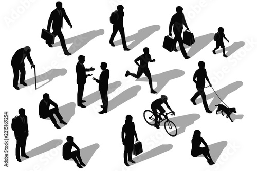 Diverse people silhouettes in isometric view walking shopping and cycling | urban crowd with shadows for architecture | flat vector icon set
