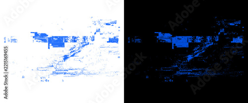 Glitch art digital textures with 1km distance marker, blue pixelated data distortion on white and black backgrounds, abstract technology landscape