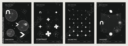 Retro space infographic vector set, black and white cosmic charts and symbols, astronomy data poster templates