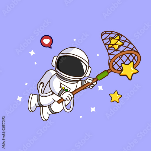 Cute Astronaut Catching Stars with Net in Space Cartoon Vector Illustration