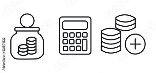 Set of financial icons including savings jar, calculator, and coins