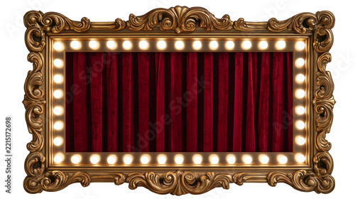 Ornate vintage golden mirror frame with lit light bulbs and dark red velvet theatre curtains isolated on transparent background