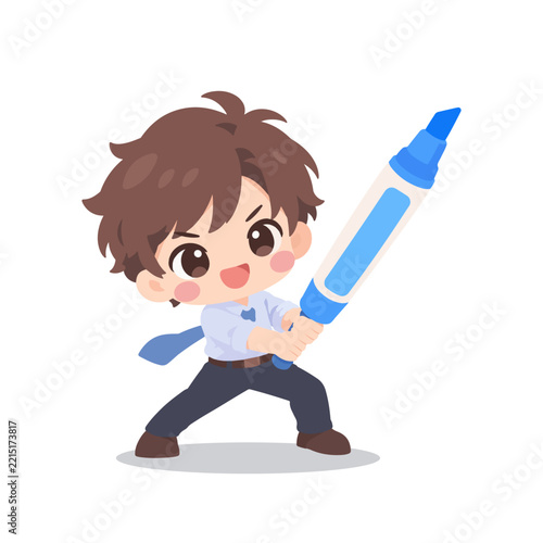 Cute Kawaii Office Worker Duelling With Giant Marker Illustration