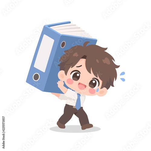 Cute Kawaii Office Worker Carrying Giant Binder on Shoulder Illustration
