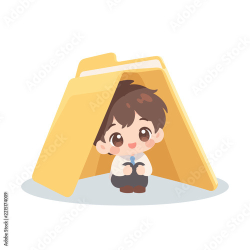 Cute Kawaii Office Worker Sheltering Under Giant Folder Illustration