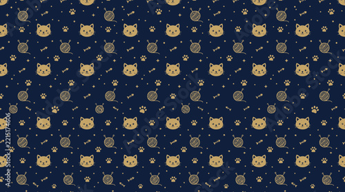 Cute Cat Pattern: Knitting, Bones, Paws, Stars on Dark Blue