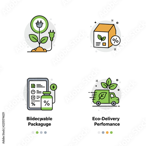 EcoFriendly Business Practices Sustainable Energy Packaging and Delivery Icons.